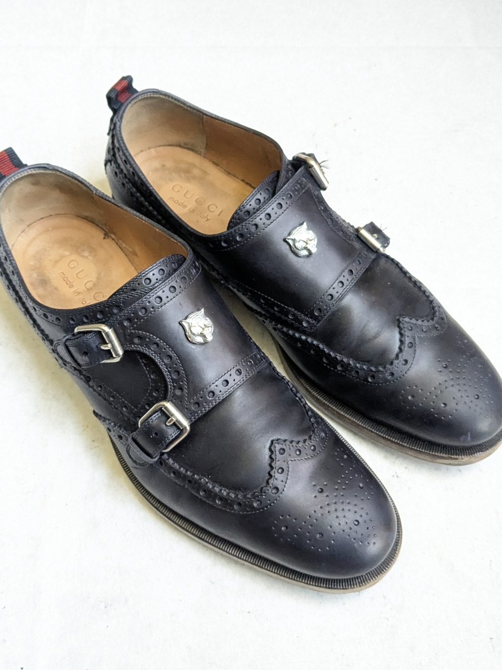 Gucci Monkstrap Brogues Navy Blue Leather Men US 10 Buckle